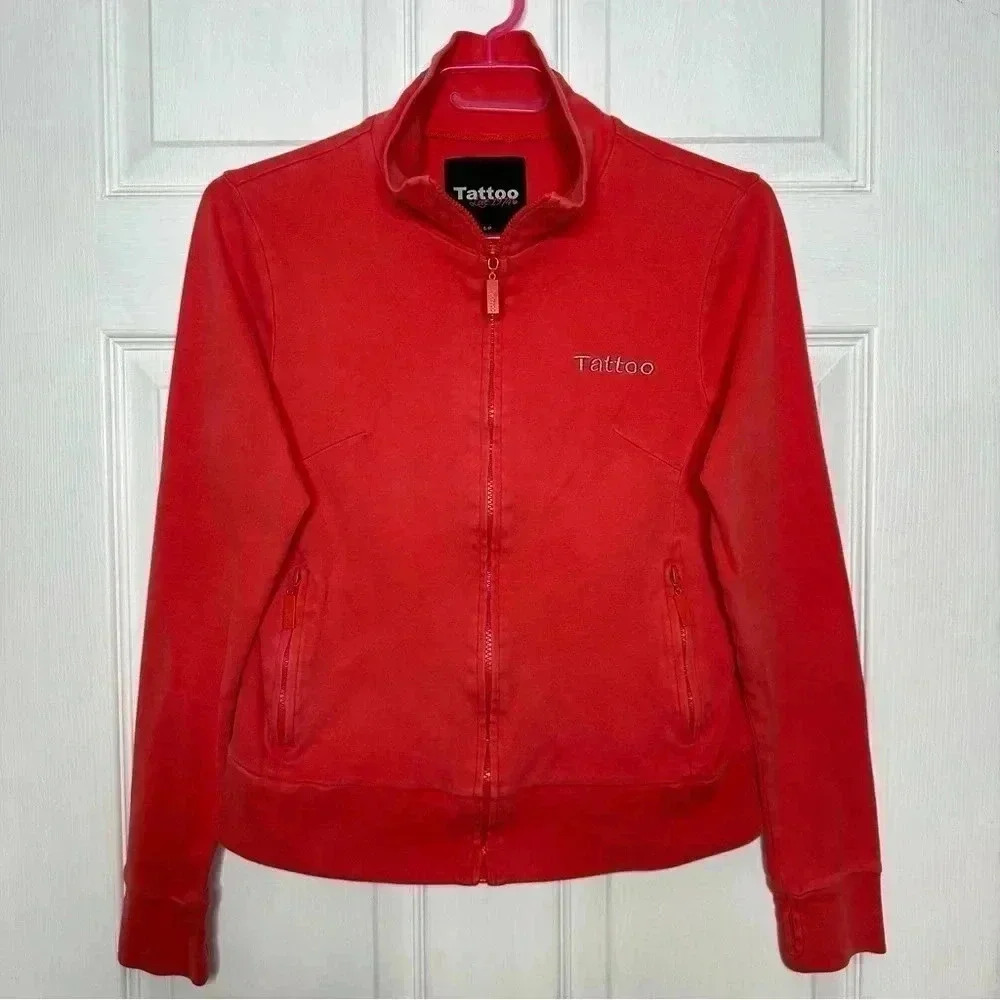 Tattoo Sweatshirt  Full Zip Orangey-Red Size Small